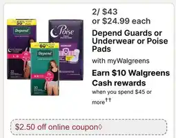 Walgreens Depend Guards or Underwear or Poise Pads offer