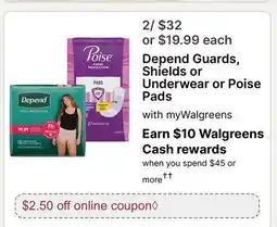 Walgreens Depend Guards, Shields or Underwear or Poise Pads offer