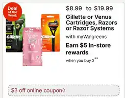 Walgreens Gillette or Venus Cartridges, Razors or Razor Systems offer