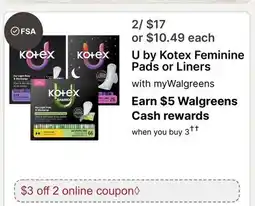 Walgreens U by Kotex Feminine Pads or Liners offer