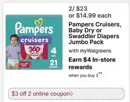 Walgreens Pampers Cruisers, Baby Dry or Swaddler Diapers Jumbo Pack offer