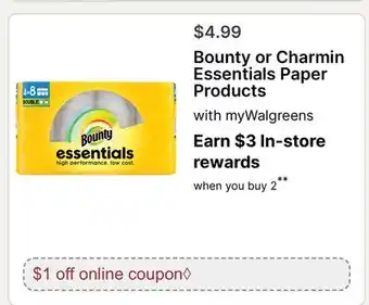 Walgreens Bounty or Charmin Essentials Paper Products offer