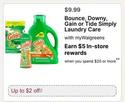Walgreens Bounce, Downy, Gain or Tide Simply Laundry Care offer
