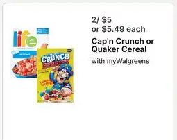 Walgreens Cap'n Crunch or Quaker Cereal offer