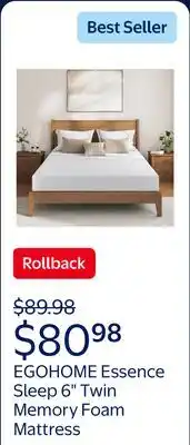Walmart EGOHOME Essence Sleep Twin Mattress, 6 Memory Foam Mattress in a Box, Medium offer