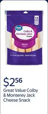 Walmart Great Value Colby & Monterey Jack Cheese Snack, 9 oz Bag, 12 Cheese Sticks offer