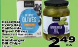 Superior Grocers Essential Everyday California Riped Olives Selected Varieties 6 oz or Hamburger Dill Chips 16 oz offer