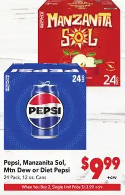 Vallarta Supermarkets Pepsi, Manzanita Sol, Mtn Dew or Diet Pepsi offer