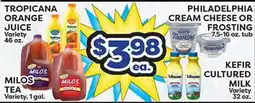 Torres Supermercado TROPICANA ORANGE JUICE PHILADELPHIA CREAM CHEESE OR FROSTING, KEFIR CULTURED MILK offer