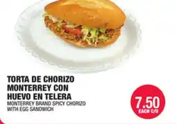 Carnicerias Jimenez MONTERREY BRAND SPICY CHORIZO WITH EGG SANDWICH offer