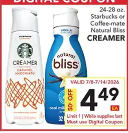 Pete's Fresh Market 24-28 oz. Starbucks or Coffee-mate Natural Bliss CREAMER offer