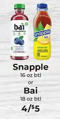 Sunset Foods Snapple 16 oz btl or Bai 18 oz btl offer