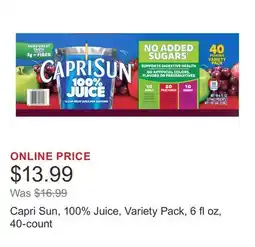 Costco Capri Sun, 100% Juice, Variety Pack, 6 fl oz, 40-count offer