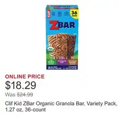 Costco Clif Kid ZBar Organic Granola Bar, Variety Pack, 1.27 oz, 36-count offer
