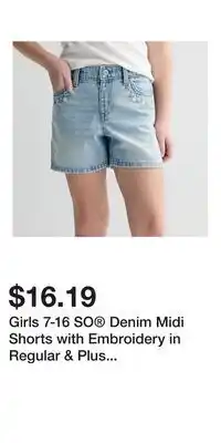 Kohl's Girls 7-16 SO Denim Midi Shorts with Embroidery in Regular & Plus Size offer