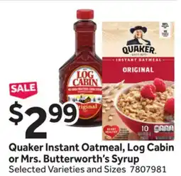 Stop&Shop Quaker Instant Oatmeal, Log Cabin or Mrs. Butterworth's Syrup offer