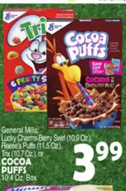 Bravo Supermarkets General Mills Lucky Charms Berry Swirl, Reese's Puffs, Trix or COCOA PUFFS (10.4 Oz) offer