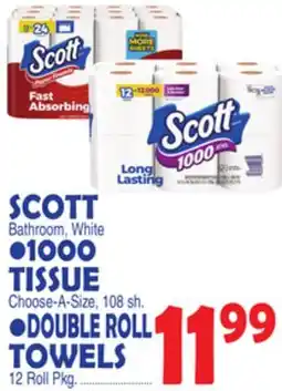 Bravo Supermarkets SCOTT TISSUE Bathroom, White 1000 TISSUE Choose-A-Size, 108 sh., DOUBLE ROLL TOWELS 12 Roll Pkg offer