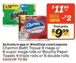 Winn Dixie Charmin Bath Tissue or Bounty Paper Towels offer