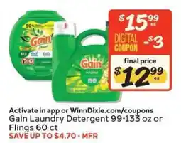 Winn Dixie Gain Laundry Detergent or Flings offer