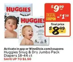 Winn Dixie Huggies Snug & Dry Jumbo Pack Diapers offer