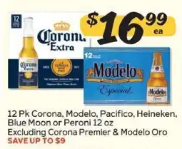 Winn Dixie 12 Pk Corona, Modelo, Pacifico, Heineken, Blue Moon or Peroni 12 oz offer