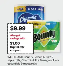 CVS Bounty Select-A-Size 2 triple rolls, Charmin Ultra 6 mega rolls or essentials 9 mega rolls offer