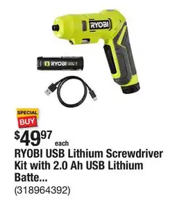 The Home Depot RYOBI USB Lithium Screwdriver Kit with 2.0 Ah USB Lithium Battery and Charging Cable offer