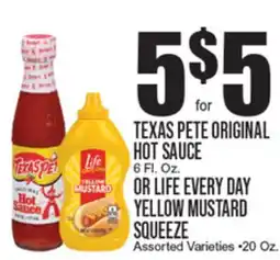 Extra Supermarket TEXAS PETE ORIGINAL HOT SAUCE OR LIFE EVERY DAY YELLOW MUSTARD SQUEEZE offer