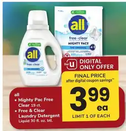 ACME all Mighty Pac Free Clear 19 ct., Free & Clear Laundry Detergent Liquid 30 fl. oz. btl offer