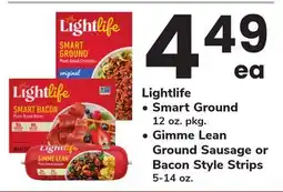 ACME Lightlife Smart Ground 12 oz. pkg. Gimme Lean Ground Sausage or Bacon Style Strips 5-14 oz offer