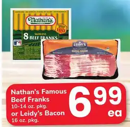 ACME Nathan's Famous Beef Franks 10-14 oz. pkg. or Leidy's Bacon 16 oz. pkg offer