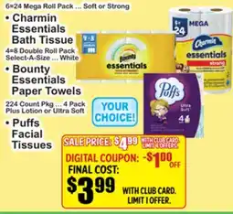 SuperFresh • Charmin Essentials Bath Tissue • Bounty Essentials Paper Towels • Puffs Facial Tissues offer