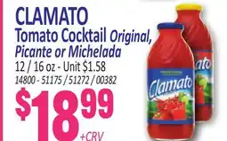 Jetro CLAMATO Tomato Cocktail Original, Picante or Michelada offer
