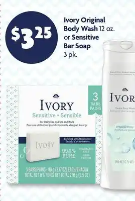 Family Dollar Ivory Original Body Wash 12 oz. or Sensitive Bar Soap 3 pk offer