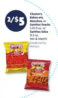 Family Dollar Chester's, Baken-ets, Munchos, or Santitas Snacks 3.25-11 oz. or Santitas Salsa 15.5 oz offer