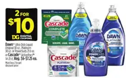 Dollar General Dawn Ultra Dish Liquid Original Platinum or PowerSuds or Cascade ActionPacs offer