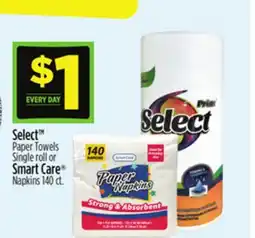 Dollar General Select Paper Towels Single roll or Smart Care Napkins 140 ct offer