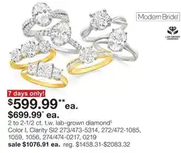 JC Penney 2 to 2-1/2 ct. t.w. lab-grown diamond§ Color I, Clarity offer
