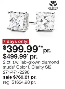 JC Penney 2 ct. t.w. lab-grown diamond studs§ Color I, Clarity SI2 offer