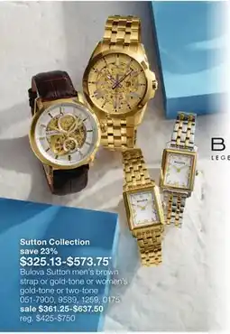 JC Penney Bulova Sutton men's brown strap or gold-tone or women's gold-tone or two-tone offer