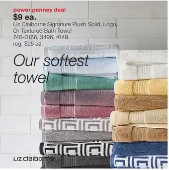 JC Penney Liz Claiborne Signature Plush Solid, Logo, Or Textured Bath Towel offer