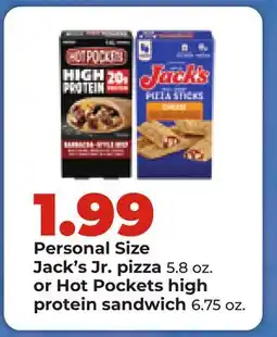 Hy-Vee Personal Size Jack's Jr. pizza 5.8 oz. or Hot Pockets high protein sandwich 6.75 oz offer