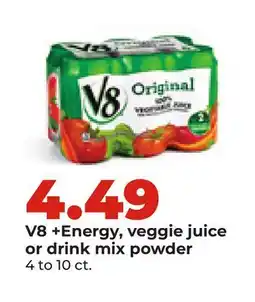 Hy-Vee V8 +Energy, veggie juice or drink mix powder offer