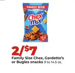 Hy-Vee Family Size Chex, Gardetto's or Bugles snacks offer