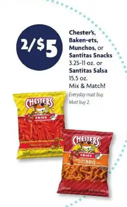 Family Dollar Chester's, Baken-ets, Munchos, or Santitas Snacks offer