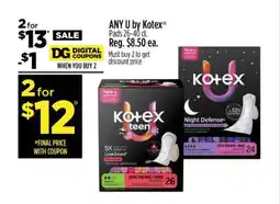 Dollar General ANY U by Kotex Pads 26-40 ct offer