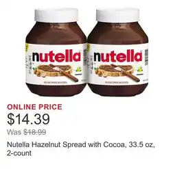 Costco Nutella Hazelnut Spread with Cocoa, 33.5 oz, 2-count offer