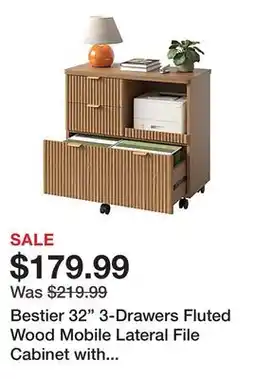 Office Depot Bestier 32 3-Drawers Fluted Wood Mobile Lateral File Cabinet with Printer Tray, Brown offer