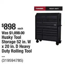 The Home Depot Husky tool storage 52 in. w x 20 in. d heavy duty rolling tool offer